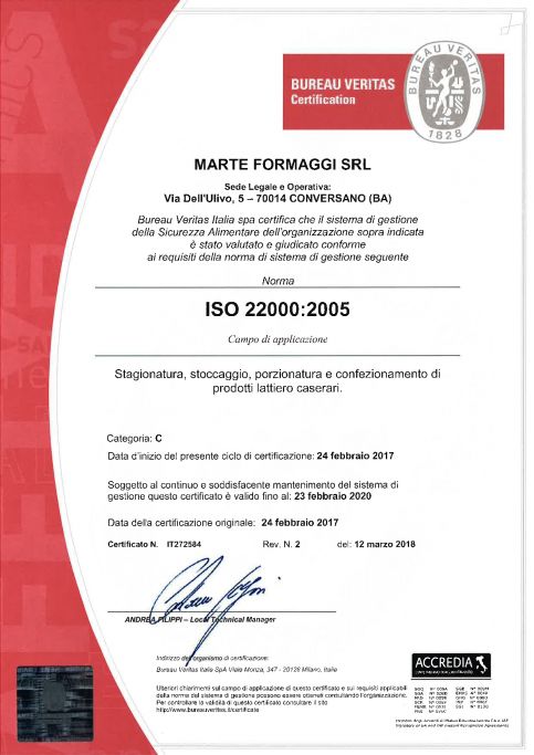 Certificato di qualità ISO22000